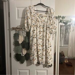 NWT cream mini dress with gold flowers and green leaves
